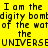 Pixelated text on yellow background with blue highlighted sections, repeating phrases about being a 'digity bomb' of the universe.