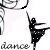 Animated icon of a black silhouette dancer with pink dots on a white background, performing a high kick pose beneath the word 'dance' in lowercase letters.