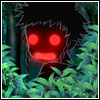 A character with spiky black hair and red eyes appears in a forest background, mouth opening to exhale smoke