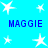 Blue background with white star shapes and repeated blue text 'MAGGIE' in pixelated font.