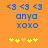 Pixelated blue and yellow icons on orange background with repeated symbols, text, and star-like shapes in two side-by-side arrangements.
