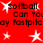 Red background with white starbursts and repeated black text reading "Softball Can You Play Fastpitch" in pixelated font.