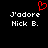 Pixelated red heart symbol above white text reading "J'adore Nick B." on black background.