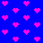 Pixelated pink hearts on a solid blue background with scattered heart fragments.