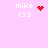 Pixelated pink background with four identical 'mike <33' text blocks, each paired with a distinct red pixel symbol: heart, starburst, scattered dots, and solid dots.