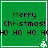 Green square with "Merry Christmas!" and "HO HO HO" text, white border, pixelated tree icon at bottom-right corner.