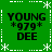Green background with white dashed border and snowflake corners, displaying four identical text blocks reading 'YOUNG *979* DEE' in black pixelated font.
