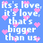 Blue background with repeated white text 'it's love, it's love, that's bigger than us.' and scattered pink pixelated hearts.