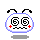 Pixelated cartoon head with blue outline, black antennae, red cheek marks, and changing eye symbols