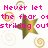 Pixelated image with pink text, two golden stars, and swirling circular patterns on white background.