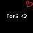 Red pixelated heart symbol above two identical white text entries reading 'Torii <3' on black background.