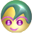 Pixelated circular icon with yellow face, green hair, purple eyes, and pink eyebrows and mouth.