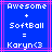 Blue background with pink lines, white pixelated text reading 'Awesome + SoftBall = Karyn<3' in two identical
