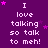 Purple background with repeated white text "I love talking so talk to meh!" and scattered pink stars, one gray square in bottom-right corner.
