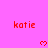 A static image with a bright pink background displays repeated red text 'katie' and pixelated heart symbols