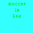 Green pixelated text 'soccer is life' appears on a cyan background with varying purple and blue radial gradients in different frames.