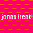A static image with a bright pink background featuring a repeating orange square pattern and repeated white text reading "jonas freak!" across three horizontal lines.