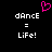 Pixelated pink heart above white text 'dance = life!' on black background, with one instance showing a heart outline.