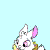 Animated contact sheet of a white cartoon rabbit with pink ears wearing a yellow collar, displayed across 11 frames showing sequential movement against a light blue background.