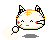 Pixel art cat head with orange stripes, black-and-white ears, red cheeks, and a white cloud-shaped prop, set against gray background.