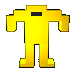Four sequential frames of a yellow pixelated stick figure animation on gray background with black rectangular eyes and no visible mouth or limbs beyond basic T-shape body.