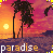 Pixelated sunset scene with palm trees, ocean, and 'paradise' text, showing animation of palm fronds swaying left to right.
