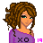 Pixel art contact sheet of a female character with curly brown hair in various poses and expressions, including full-body views, close-ups, and text animations, all featuring purple clothing and black shorts or shoes.