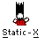 Pixelated character with black spiky hair, white face, red shirt featuring 'UJ' text, holding two circular objects against gray background.