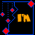 Animated contact sheet of a yellow text-based icon with blue and red geometric borders, showing sequential frame changes from "I'M" to "YEAH!" across seven sampled frames.