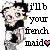 Pixelated image of a person with dark hair and beard, wearing a white shirt and black bow tie, next to text reading "i'll b your french maid" with a pink heart symbol.