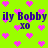 Bright green background with scattered pink pixelated hearts, repeated text 'ily Bobby xO' in dark blue pixelated font.
