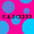 A static image with a bright pink background covered in overlapping blue and purple circles, featuring repeated black text "K.E.S<3333" at the top and bottom.