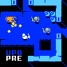 Pixel art of blue maze-like structures with black pathways, yellow dots, and small character sprites moving through the scene