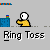 Animated sequence showing a yellow figure performing ring toss with blue containers and bottles, transitioning through multiple states including throwing, collision effects, and bottle arrangements.