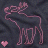 Pixelated pink moose silhouette with raised antlers and a small heart below, on dark textured background.