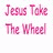 Pixelated pink text reads "Jesus Take The Wheel" next to a black and white steering wheel icon with dark gray accents.