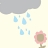 Gray cloud with blue raindrops falling onto a pink flower with a brown center on a light background.