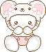 Pixelated cartoon character with mouse ears, pink bow, and diaper, hands clasped in front, eyes open on left, eyes closed on right.