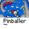 Animated contact sheet of 18 frames showing a blue pinball machine icon with red bumpers, yellow dots, and white ball movement across gray playfield borders.