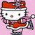 Pixelated white cat with black eyes and brown nose, wearing red bow and scarf, pink background, static image.