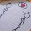 Animated contact sheet showing three sequential frames of stick figure drawing on lined paper with heart symbol and interaction gestures.