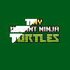 Pixel art display of four Tiny Mutant Ninja Turtles characters with distinct colored masks and weapons against solid backgrounds.