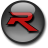 A circular icon with a gray gradient background and black border containing a red stylized letter R with black shadowing.