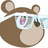 Pixelated teddy bear head with white glasses, pink eye reflection, and red background with yellow stars and text.