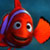 Pixelated red clownfish character with blue stripes against a dark teal background, featuring large eyes and a smiling expression.