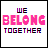 A 4x4 contact sheet of animated frames showing a pixel art animation with pink text "WE BELONG TOGETHER" and small heart symbols, where the text and hearts shift position across frames to create motion.