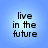 Four identical blue circular icons with black text reading 'live in the future' arranged in a on a light blue background