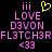 Pixelated text and symbols on black background with pink and yellow elements, including 'iii', 'LOVE', 'DEVON', 'FL3TCH3R', '<33' and a heart symbol.