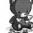 Pixelated grayscale teddy bear icon with closed eyes and a heart-shaped object, set against white background with pink overlay text.