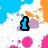 Pixelated icon with blue text 'i love to cheer!' over colorful abstract background of white, orange, pink, green, purple, and black splatters.
